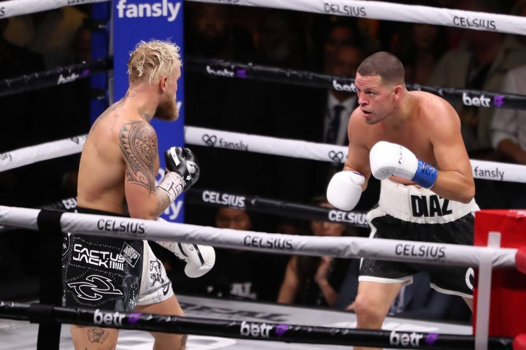 DALLAS, TEXAS - AUGUST 5: (L-R) Jake Paul and Nate Diaz fight in the 8-round main-event Cruiserweight bout at Paul vs Diaz at American Airlines Center on August 5, 2023 in Dallas, Texas. (Photo by Alejandro Salazar PxImages Icon Sportswire) BOXING: AUG 05 Paul vs Diaz EDITORIAL USE ONLY Icon23080510291