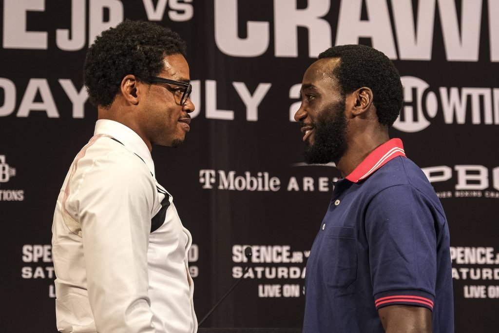 June 13, 2023, Los Angeles, California, USA: WBC, WBA & IBF champion Errol Spence Jr. and WBO welterweight champion Terence Ã¢â‚¬ËœBudÃ¢â‚¬â ¢ Crawford face off for the first time ahead of their fight for the undisputed welterweight championship of the world July 29th on Showtime PPV. Los Angeles USA - ZUMAd151 20230613_znp_d151_017 Copyright: xAdamxDelGiudicex