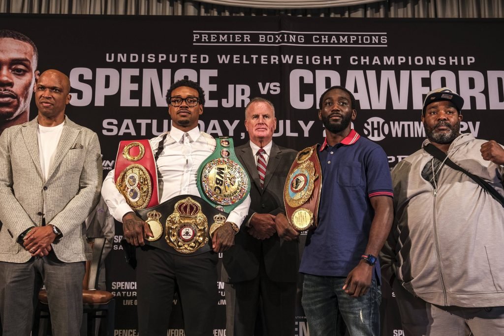 June 13, 2023, Los Angeles, California, USA: WBC, WBA & IBF champion Errol Spence Jr. and WBO welterweight champion Terence Ã¢â‚¬ËœBudÃ¢â‚¬â ¢ Crawford face off for the first time ahead of their fight for the undisputed welterweight championship of the world July 29th on Showtime PPV. Los Angeles USA - ZUMAd151 20230613_znp_d151_026 Copyright: xAdamxDelGiudicex