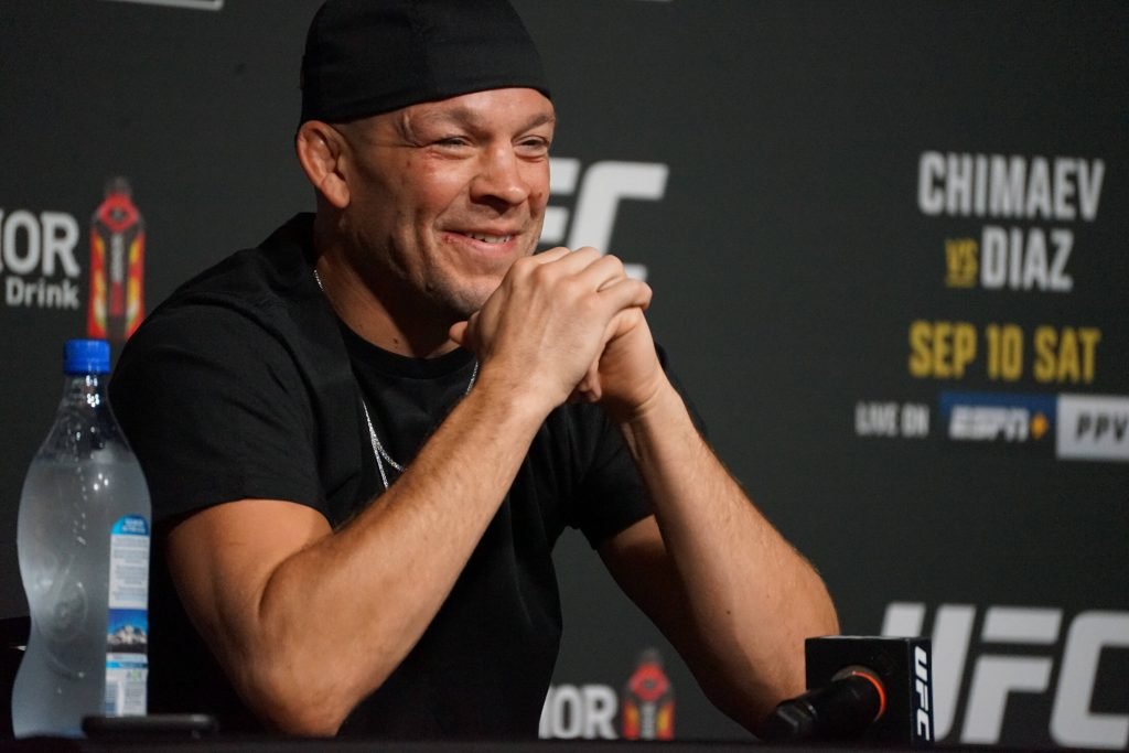 LAS VEGAS, NV - SEPTEMBER 7: Nate Diaz speaks to the media during the UFC 279 media day on September 7, 2022, at the UFC APEX in Las Vegas, NV. (Photo by Amy Kaplan Icon Sportswire) MMA: SEP 07 UFC 279 Icon220907360279