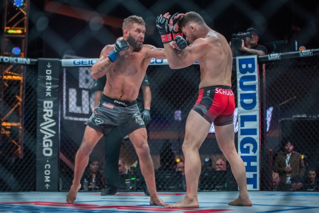 November 25, 2022, New York, NY, New York, NY, United States: NEW YORK, NY - NOVEMBER 23: (L-R) Jeremy Stephens punches Natan Schulte during the 2022 PFL Championship at the Hulu Theatre inside Madison Square Garden in NYC. November 23, 2022 in New York, NY, United States. New York, NY United States - ZUMAp175 20221125_zsa_p175_034 Copyright: xMattxDaviesx